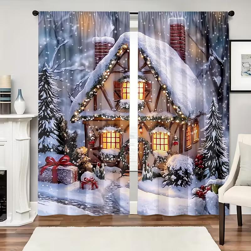 2pcs Snowy Chalet Christmas Curtains Warm Design Polyester Window Decor for Holiday Living Room Bedroom Rod Pocket Curtains