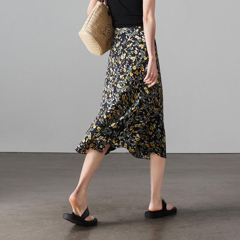 SOFSIL Women's Black Floral Print A-Line Midi Skirt