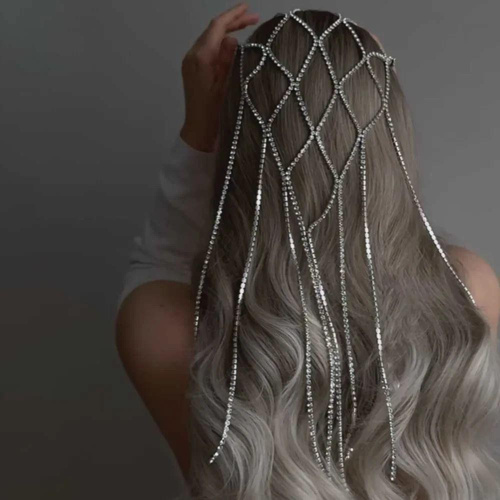 Long Chain Mesh Headband Rhinestone Inlaid Bridal Headpiece  Hair Accessories