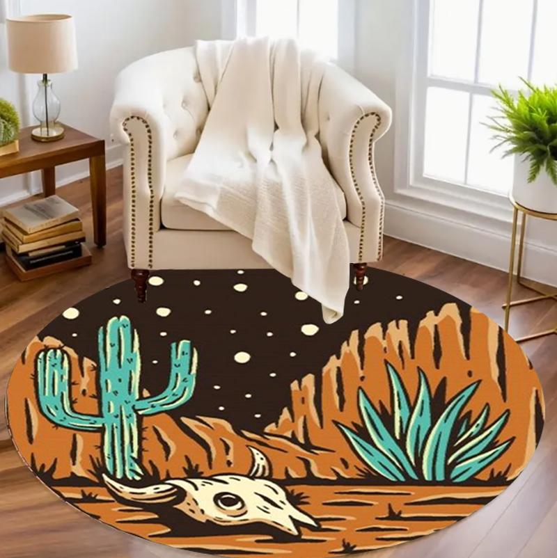 Vibrant Cactus Desert Sunset Round Area Rug Colorful Landscape Pattern Non-Slip Floor Carpet for Living Rooms Boho Home Decor