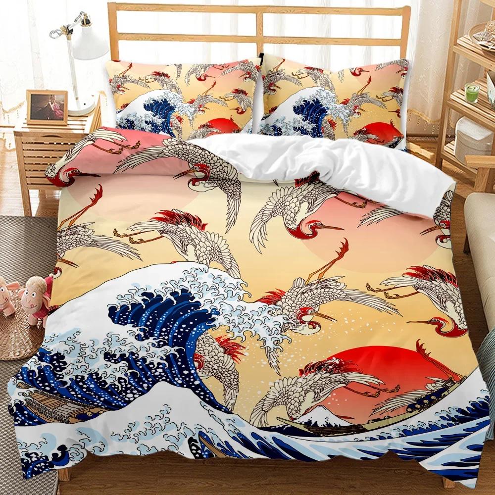 Japanese Style Comforter Cover Set Cherry Blossoms Crane 2/3Pcs Polyester Bedding Set Sea Waves Duvet Cover Set Twin Queen Size