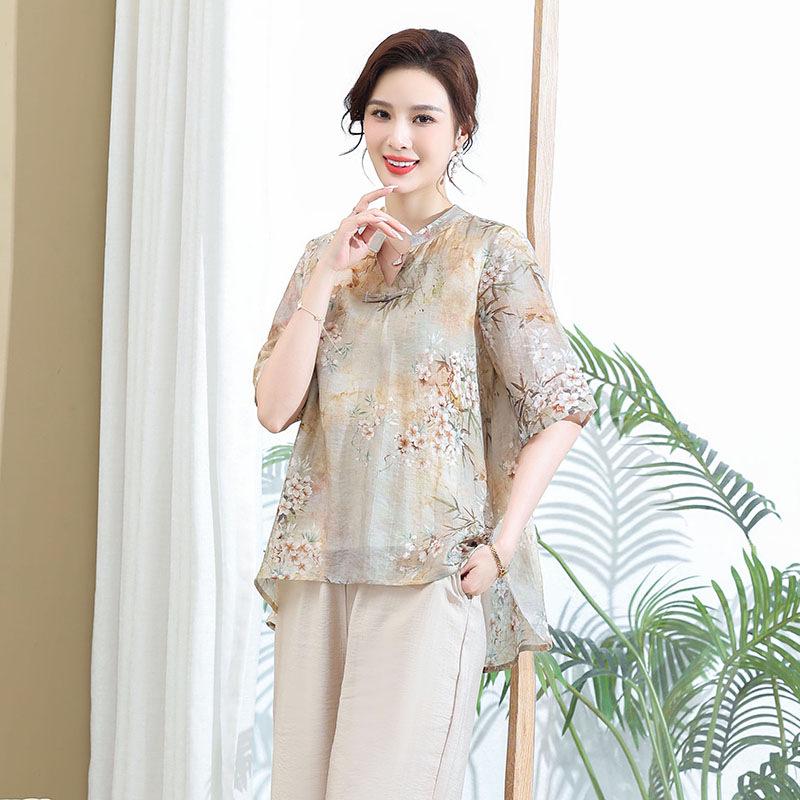 

2026 Summer Elegant Chinese-Style Slimming Blouse for Middle-aged & Elderly Women 2XL (105-120 lbs)