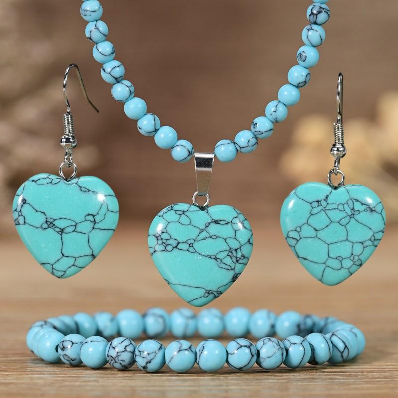 Handmade Turquoise Blue String Heart Drop Bell Pendant Necklace Beaded Bracelet Set Women Vintage Boho Jewelry