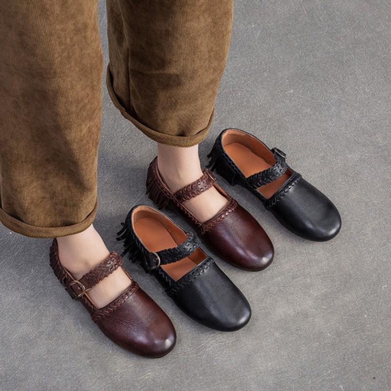 Johnature Genuine Leather Solid Color Belt Buckle Women's Shoes Retro Versatile Tassel Round Toe Soft Sole Flats