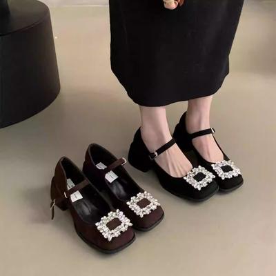 2025 Frühling neue französische Mary Jane Schuhe mit dickem Absatz Damen High-End Temperament Strass High Heels Spät Abend Wind einzelne Schuhe