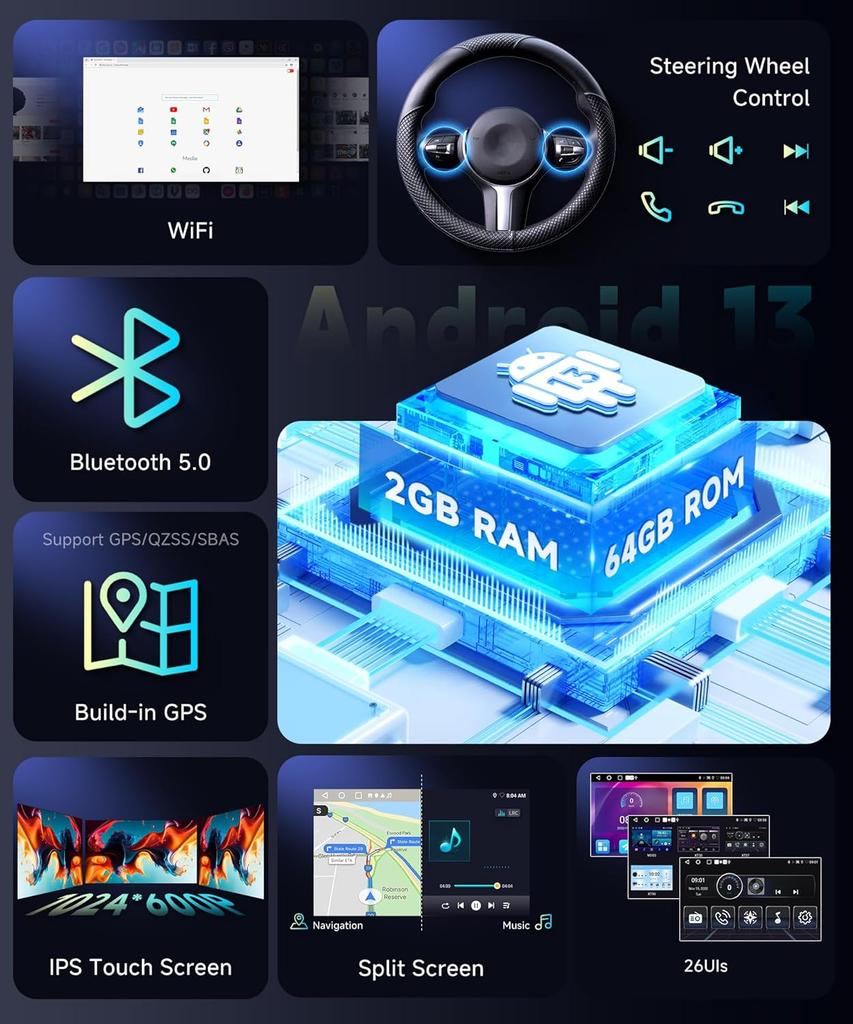 2G+64G Android 13 Car Stereo for Toyota Corolla 2017-2019, 9' HD Touch Screen, Wireless CarPlay, Android Auto, GPS, Bluetooth 5.