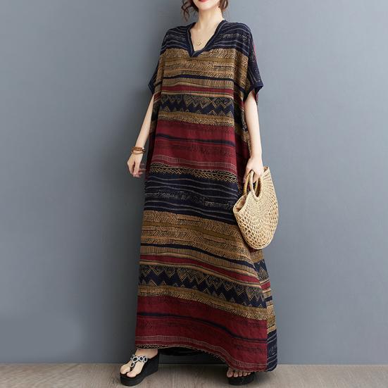 Plus Size Cotton Linen Maxi Dress for Women Loose V-Neck Short Sleeve