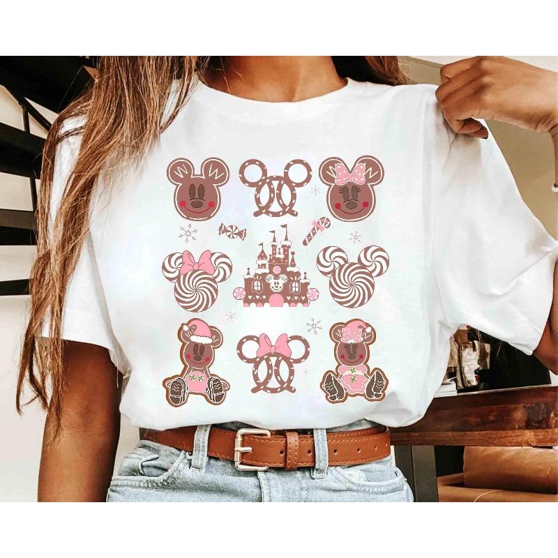 Coquette Bow Mickey and Minnie Gingerbread Castle Christmas Pink Shirt Unisex pure cotton allseason bottoming shirt S