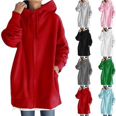 Damen Kapuzenpullover mit Reißverschluss, langes Sweatshirt, leichtes, lockeres Langarm-Sweatshirt mit Taschen