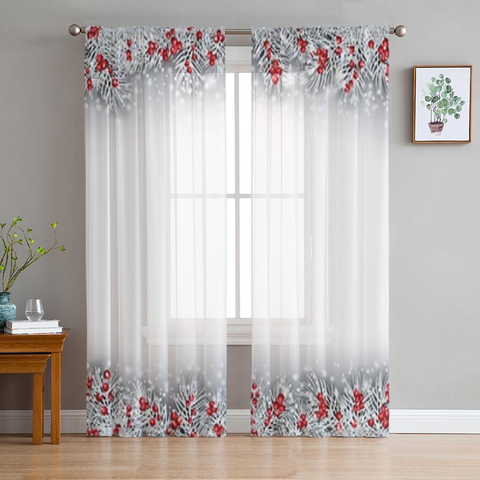 

Тюлевая оконная занавеска с рождественскими шарами и еловыми ветками для гостиной, спальни, вуаль, прозрачные шторы, кухонные шторы, занавески 135W x 213H(cm)