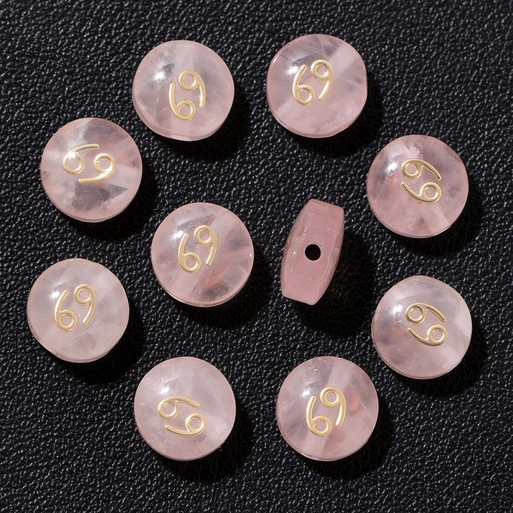 5pcs 8MM Pink Natural Rose Quartz Flat Round 12 zodiac signs constellation Stone Charms For DIY Making Jewelry