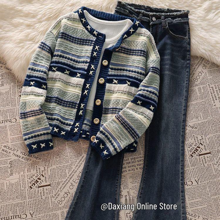 Retro Koreanischer Strick-Cardigan und Schlagjeans Set für Damen