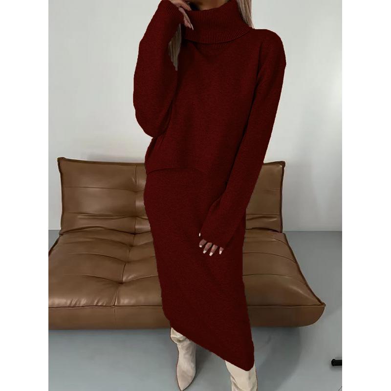 2024 Women's Solid Color Semi-High Neck Knitted Slim-Fit Long Dress Set