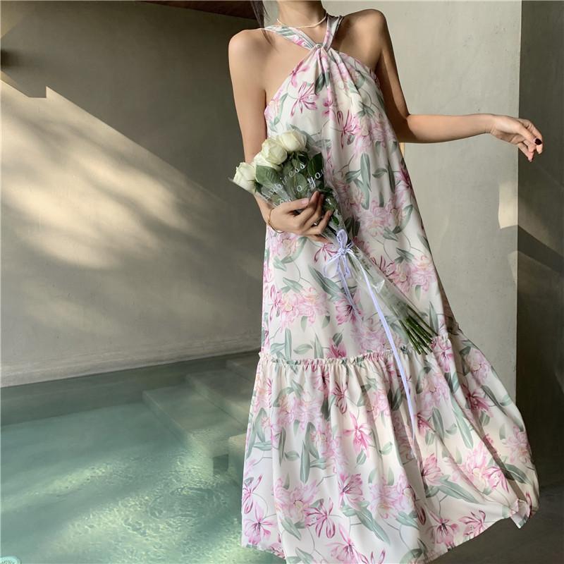 

Summer New Sleeveless Loose Sexy Chiffon Long Dress Women Printed Floral Party Halter Dresses Women Fashion A Line Slim Fit Beach Vacation Dress 26629 L розовый