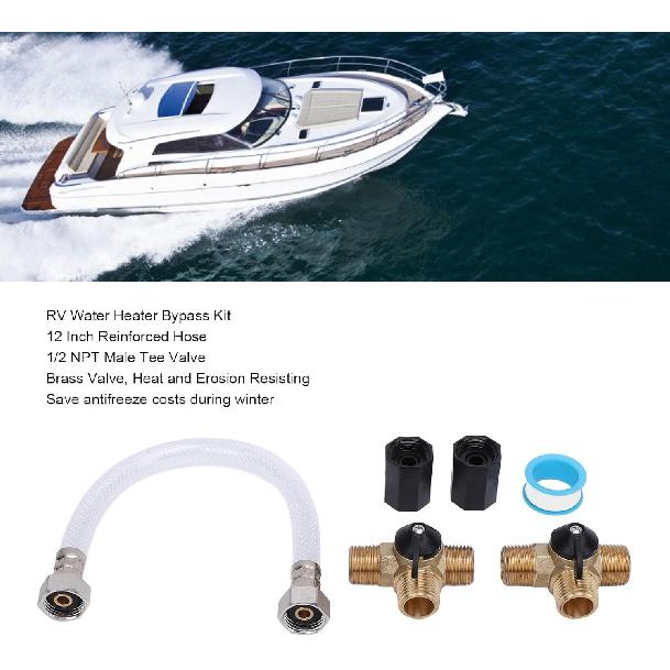 RV Water Heater By Pass Kit, 12 Inch Reinforced Hose with 3 Male 1/2 Inch NPT Valves and Double Female Connectors