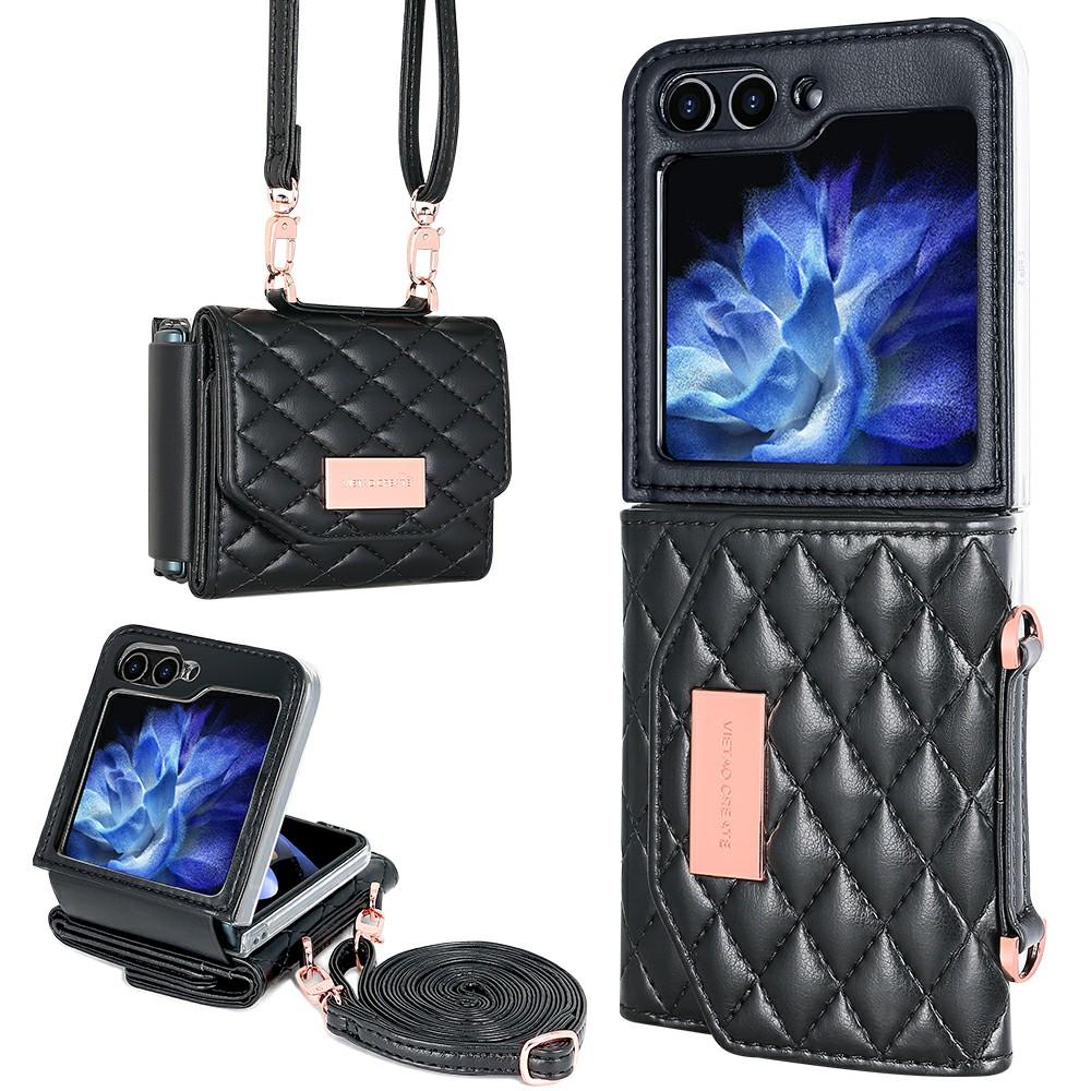 For Samsung Galaxy Z Flip7 FE 5G/Z Flip6 5G Case with Shoulder Strap PU+PC Wallet Phone Cover Built-In Back Screen Film