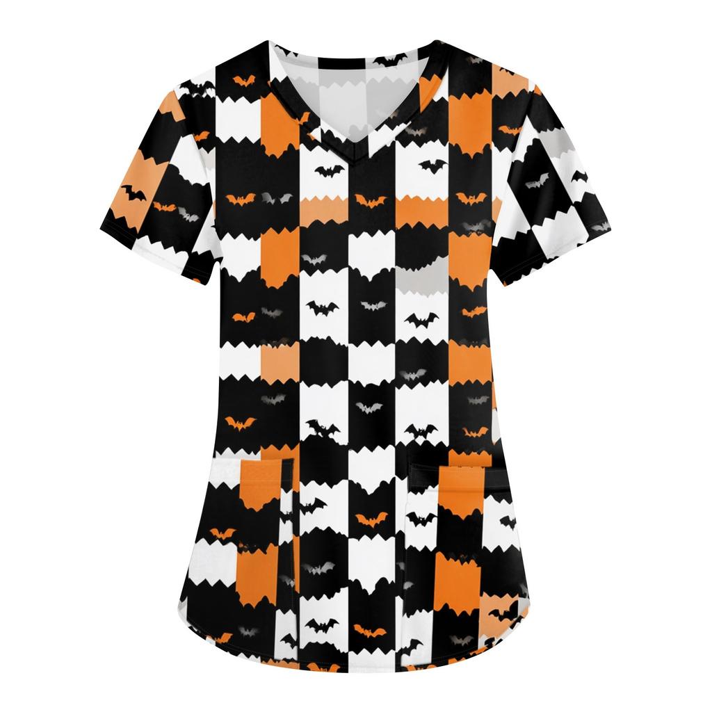 Women's Printing Uniform Work Uniform V-neck Pockets Basic Short Sleeve Pullover Top