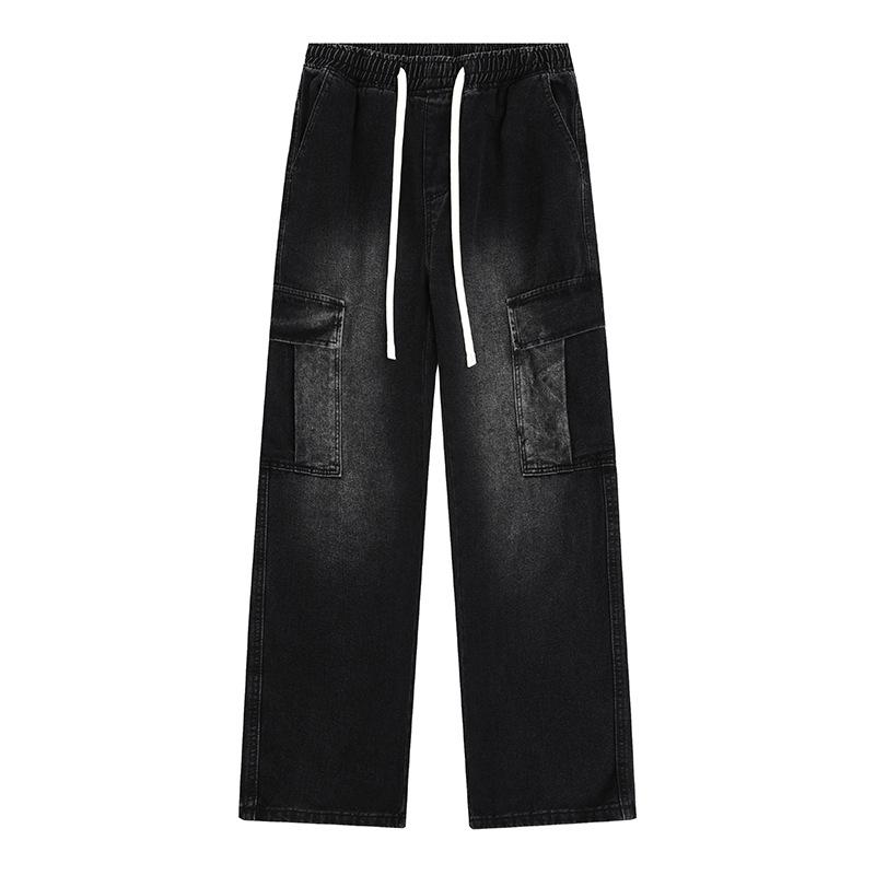 Autumn New Three-dimensional Pocket Work Pants Men's Grey Wash Straight Jeans