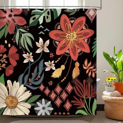 Kwiatowa Tropikalna Liście Zasłona Prysznicowa Abstrakcyjna Vintage Czarna Wodoodporna Zmywalna Poliestrowa Zasłona Prysznicowa, 180 x 180cm,