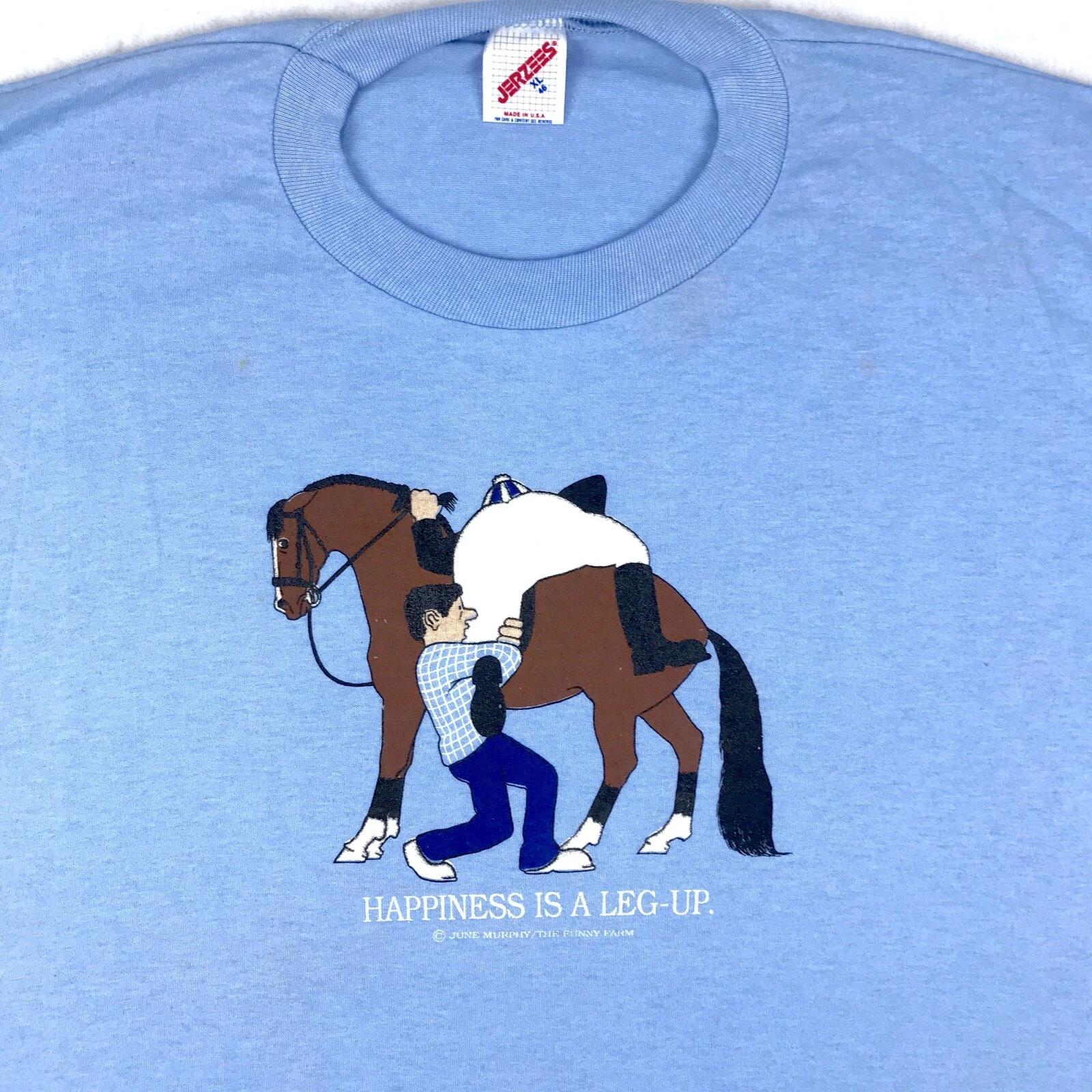 NOS vtg 80s HAPPINESS IS A LEG UP HORSE JOCKEY CARTOON T-Shirt L single stitch 4XL