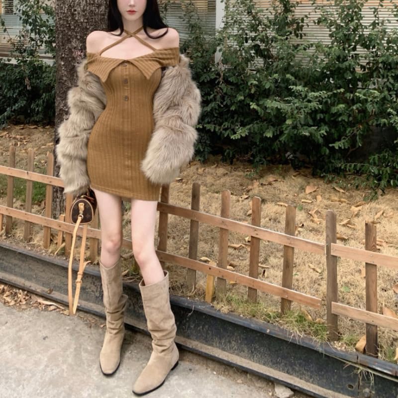 Coco Yuka Tight Ribbed Knit Sexy Mini Long Cute Size & Off-the-Shoulder Dress, Off-the-Shoulder, Sleeves, Women's, Casual, Fall/Winter,