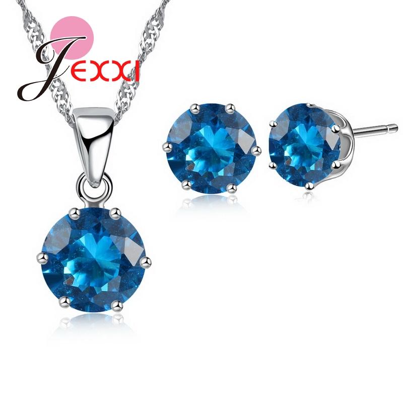 17 Colors Silver Color Jewelry Sets Classical Engagement CZ Diomand Earrings+Necklace For Women Gift