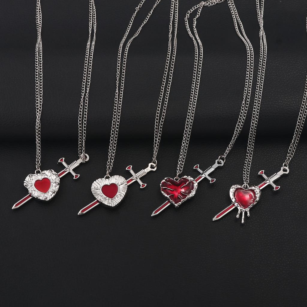 New 2PCS/set Sword Heart Couple Necklace Gothic Love Heart-shaped Pendant Women Year's Christmas Valentine's Day Gift Jewelry