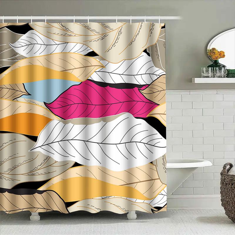 Leaf Pattern Shower Curtain Waterproof Bathroom Decor Print Modern Design Yellow Pink White Black Shower Curtains Art Bath Mats