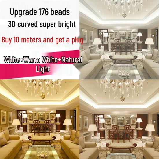 Waterproof 220V LED Strip Lights: Tri-Color, Self-Adhesive, Extra Bright for Living Room, Ceiling Trough, and Outdoor Use