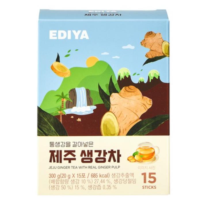 EDIYA Jeju Ginger Tea with Real Ground Ginger 15 Sticks Korean Herbal Tea Warming Wellness Drink 1 box