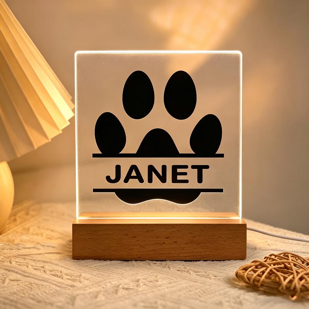 Personalized Dog Paw Acrylic Night Light Custom Pet Name Wooden Base Creative Tabletop Decor Lovely Present For Pet Owner