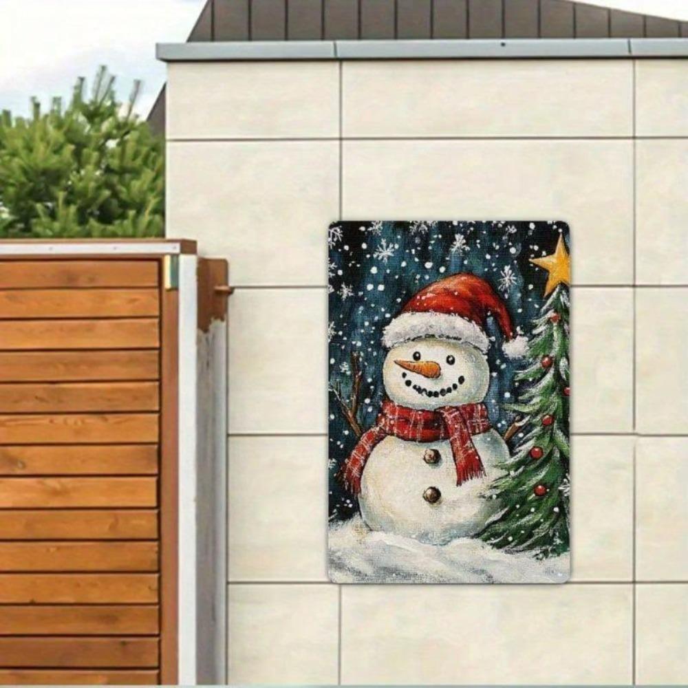 Vintage Snowman Christmas Tree Tin Metal Sign 12x8 Inch Holiday Wall Decor