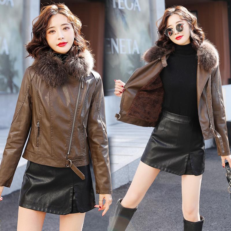 Leather jacket women's short coat spring and autumn new velvet thickened slim fit small leather jacket top