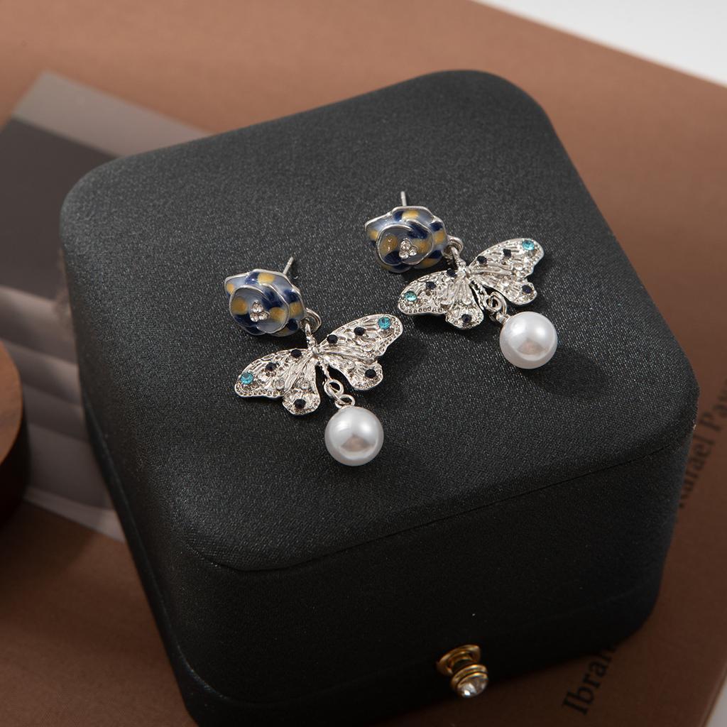 Premium Color Flower Diamond Butterfly Tassel Pearl Earrings Super Fairy Gentle Sweet Fairy Wind Earrings