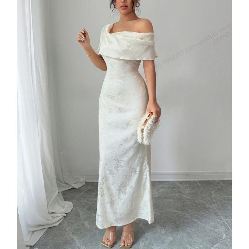 

New Arrival Asymmetrical Slant Shoulder Stylish Ruffles Cold-Shoulder Elegant Long Dress White S