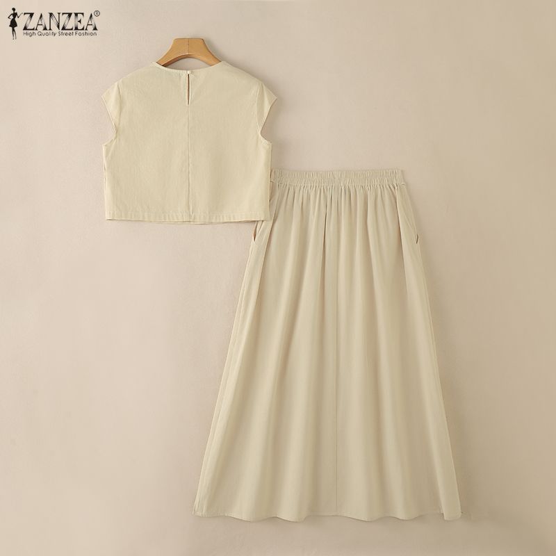 ZANZEA Bluză cu mânecă scurtă și fuste lungi pentru femei Seturi de costume casual din două piese