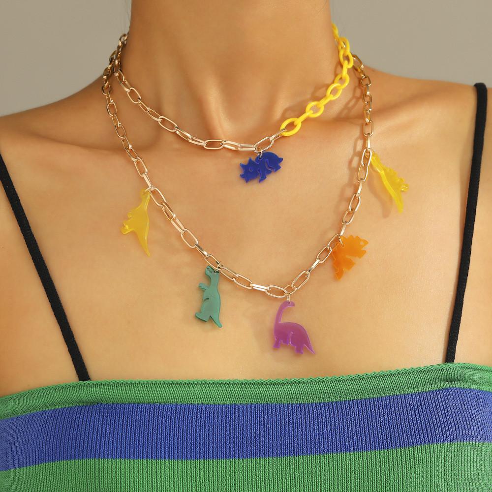 Fashion Jewelry Trendsetting Multilayer Dinosaur And Flower Necklace Women For