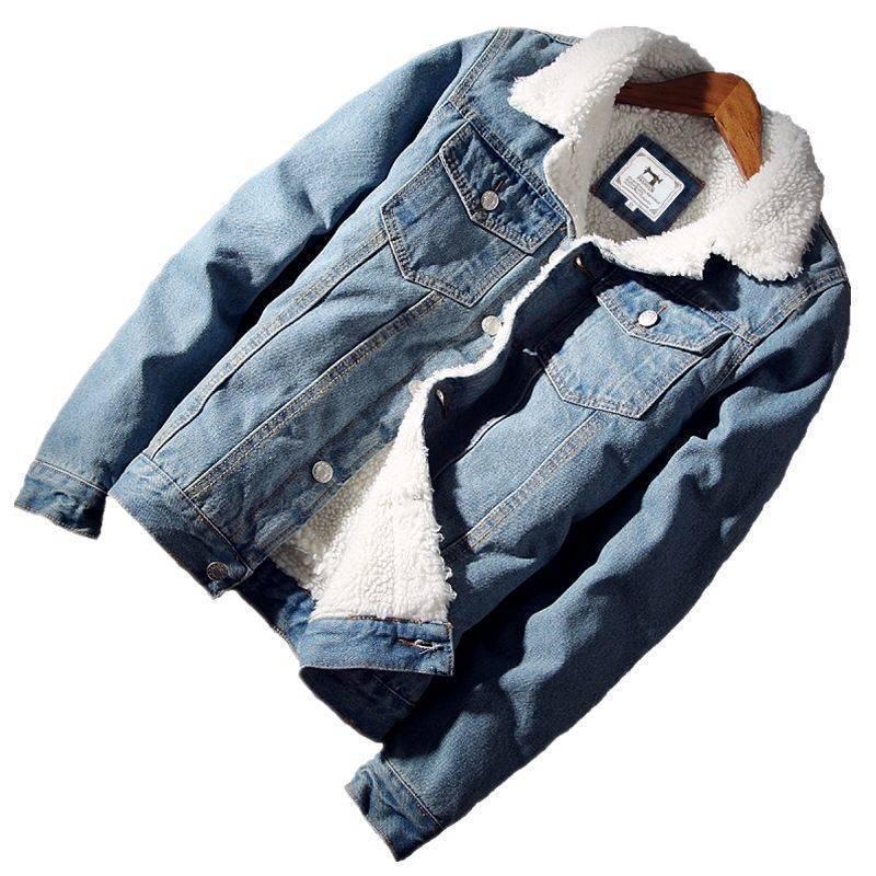 Men's Plus Velvet Winter Denim Jacket with Imitation Lambskin Wool - Thick, Slim Fit Coat