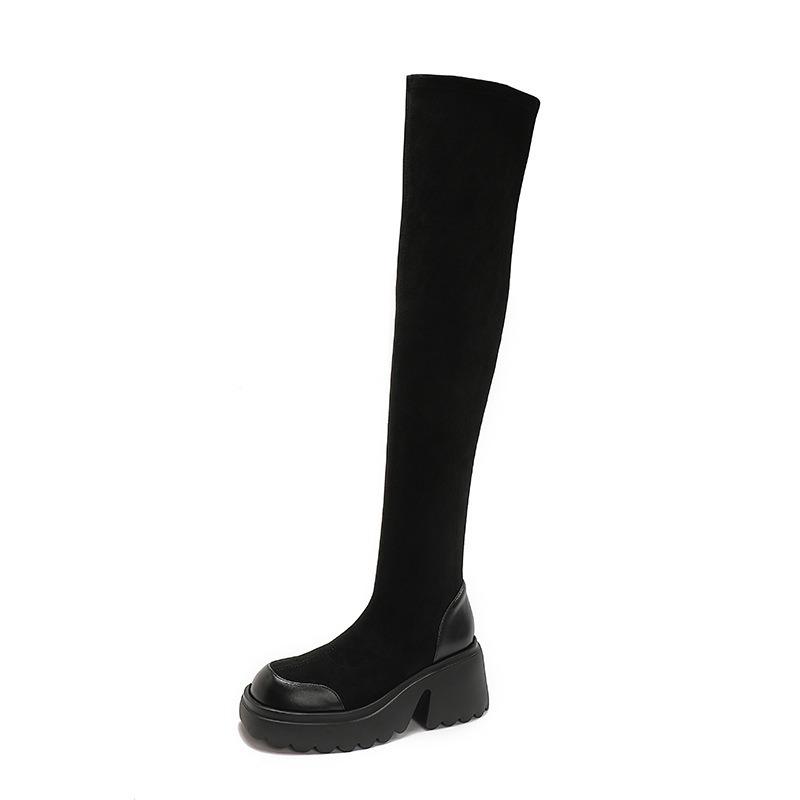 Black suede knee boots long boots women's autumn and winter new thick heel long boots elastic high thin boots