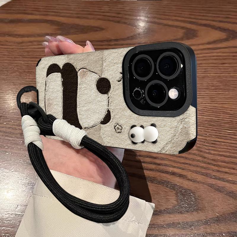 Panda Doll Bracelet Suitable for Apple 16PRO Mobile Phone Case 15 Pupil Eye Sheepskin 14 Cute Anti-fall 13 Silicone XR