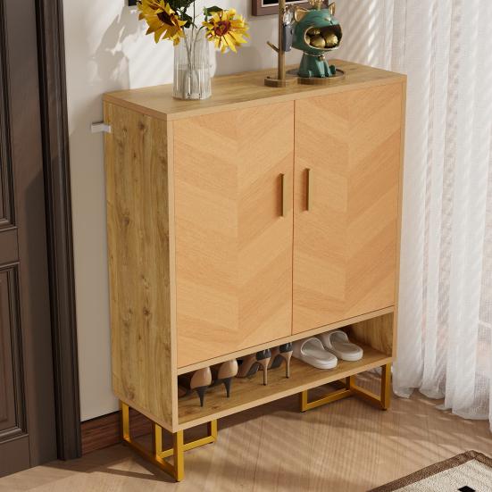 Modern, Minimalist Shoe Cabinet, Unique Wood Grain, Golden Iron Frame, Two-Door Storage Cabinet, Narrow Shoe Cabinet, Shoe Rack, Shoe Tipper,