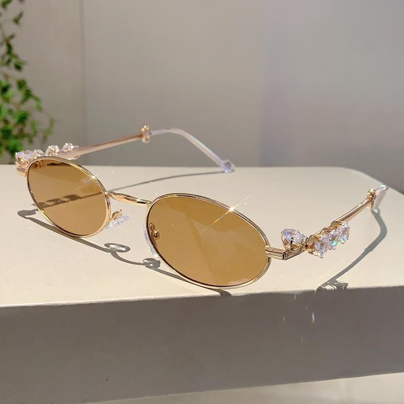 Fashion Small Oval Sunglasses Trendy Brand Designer UV400 Shine Crystal Sun Shades Glasses Decoration Women Shades