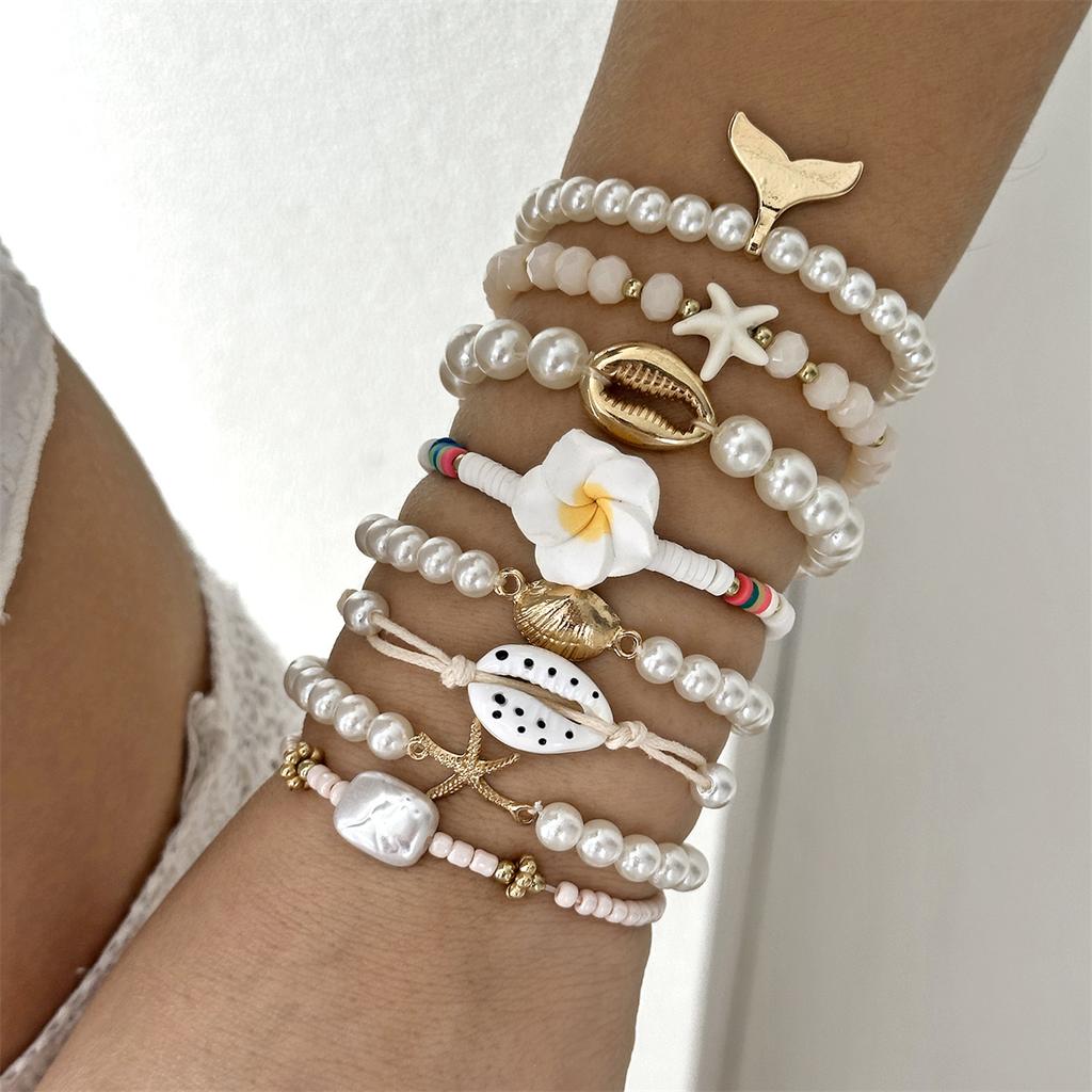 Boho Layered Resin Pearl Bracelet Set for Women Seed Bead Plumeria Flower Bow Starfish Turtle Surfer Girl Summer Jewelry