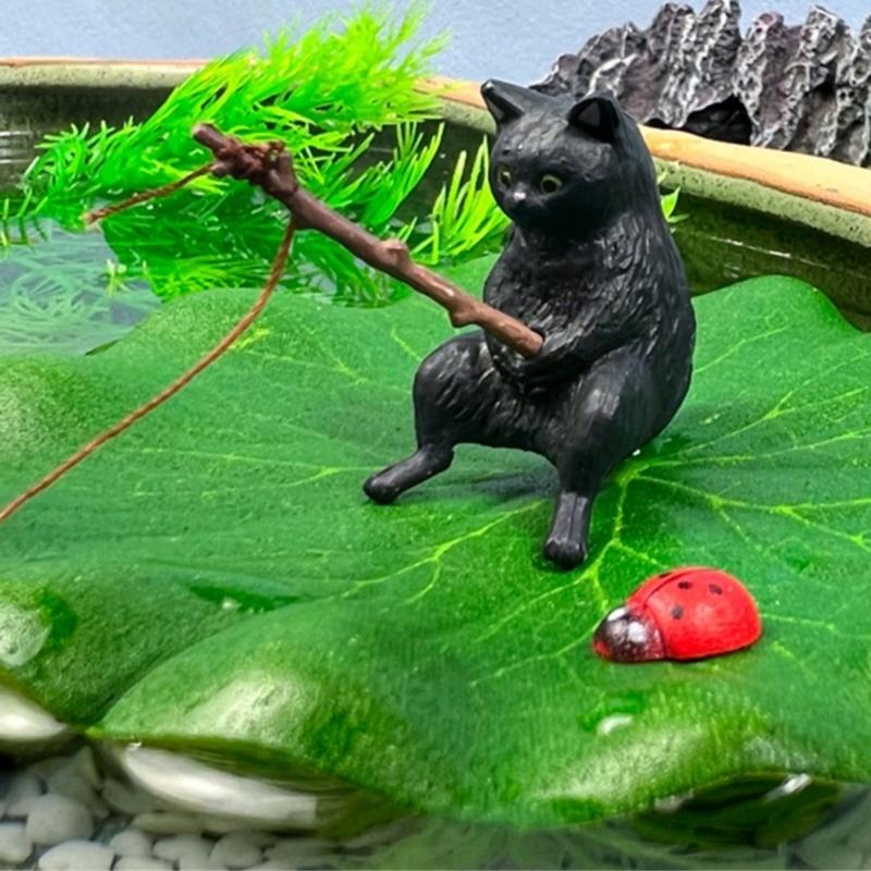 Funny Fishing Kitten for Aquarium Glass WallDecoration Landscaping Cute Kitten FishTank Cartoon Decors Statue Resin