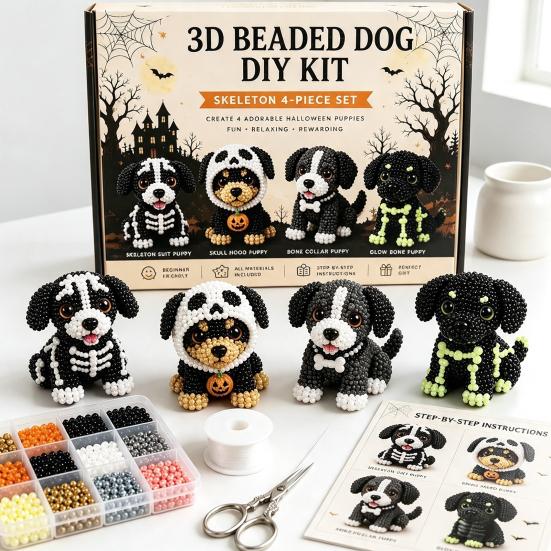 Crafts for Cat Dog Lovers 3D Halloween DIY Art Set, Beaded Puppy Craft Kit, Cute Funny Animal Theme Crafting Set Kit Beginners Adults, Home Desk Decor
