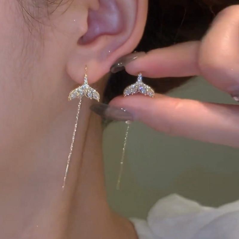 Fashion Long Tassel Ear Line Earrings For Women Korean Temperament Crystal Fish Tail Drop Earrings Girls Daily Party Jewelry