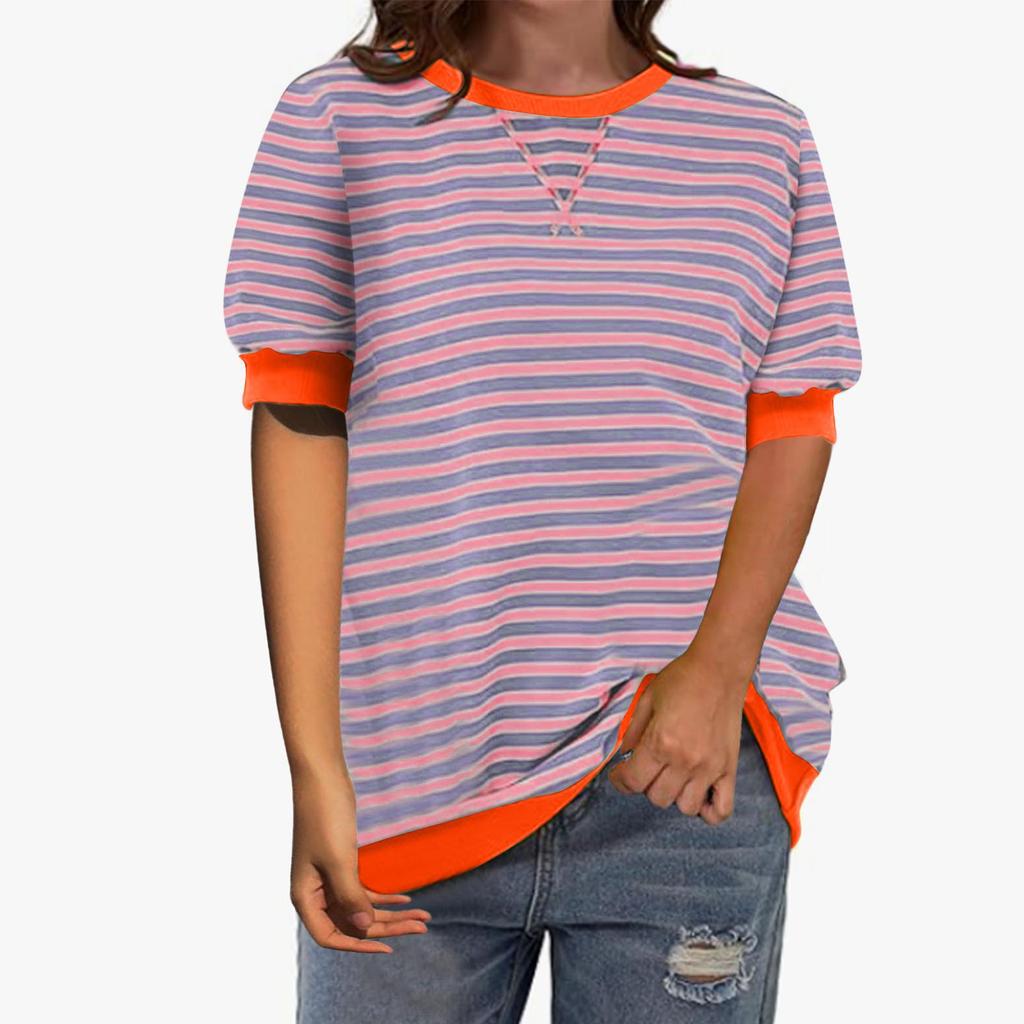 Women's Summer Striped Print Short Sleeve Round Neck T-Shirt Clothes Sale