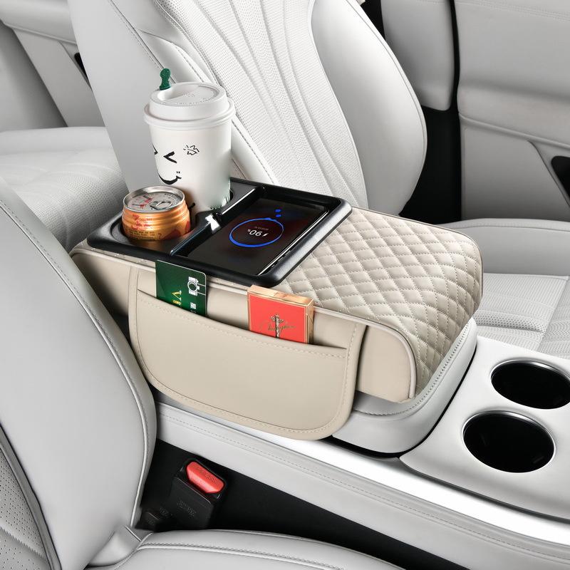 

Car Armrest Box Heighten Cushion With Fast Charging Wireless Charger And Cup Water Bottle Holder Storage Pocket Arm Rest Cover