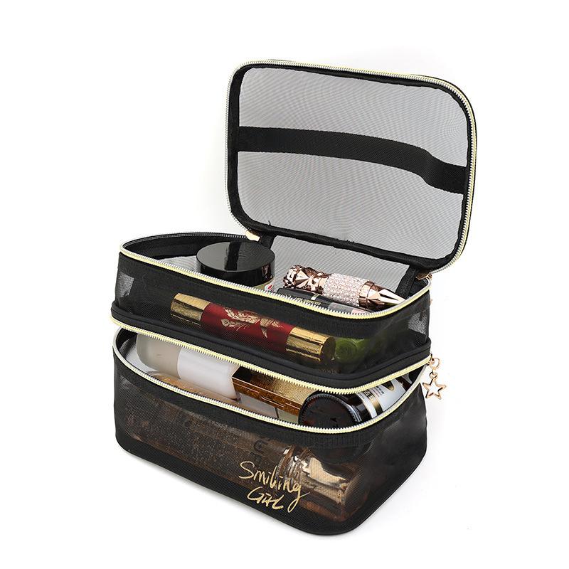 1 Stück Doppelschichtige schwarze Netz-Make-up-Tasche, Organizer, Aufbewahrungstasche, lässiger Reißverschluss, Kulturbeutel, Reisekosmetiktasche für Frauen