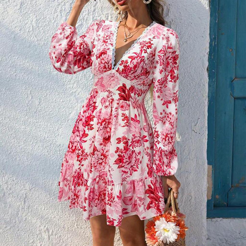 Robe Longue Décontractée Imprimée à Manches Longues et Décolleté en V en Dentelle pour Femme